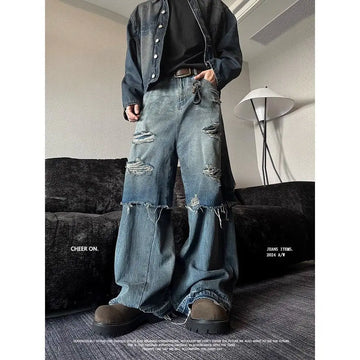 American Spring and Autumn Trendy Street Personalized Fake Two piece Straight leg Jeans Couple Loose Retro Casual Pants y2k